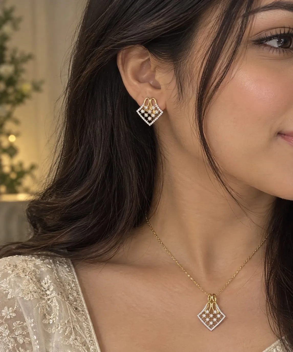 Aarohi CZ Grid Pendant Set — Antique gold finish with intricate detailing, Cubic zirconia stones