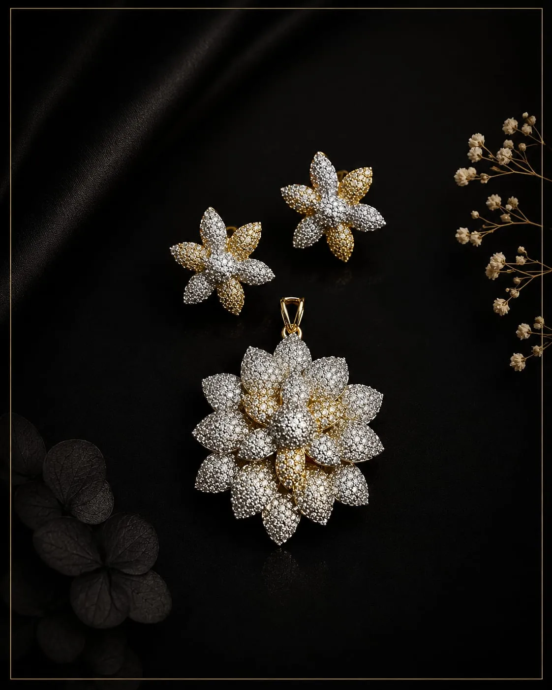 American Diamond Floral Elegance Set — Two-tone gold and silver finish with intricate detailing, Cubic Zirconia (CZ) stones