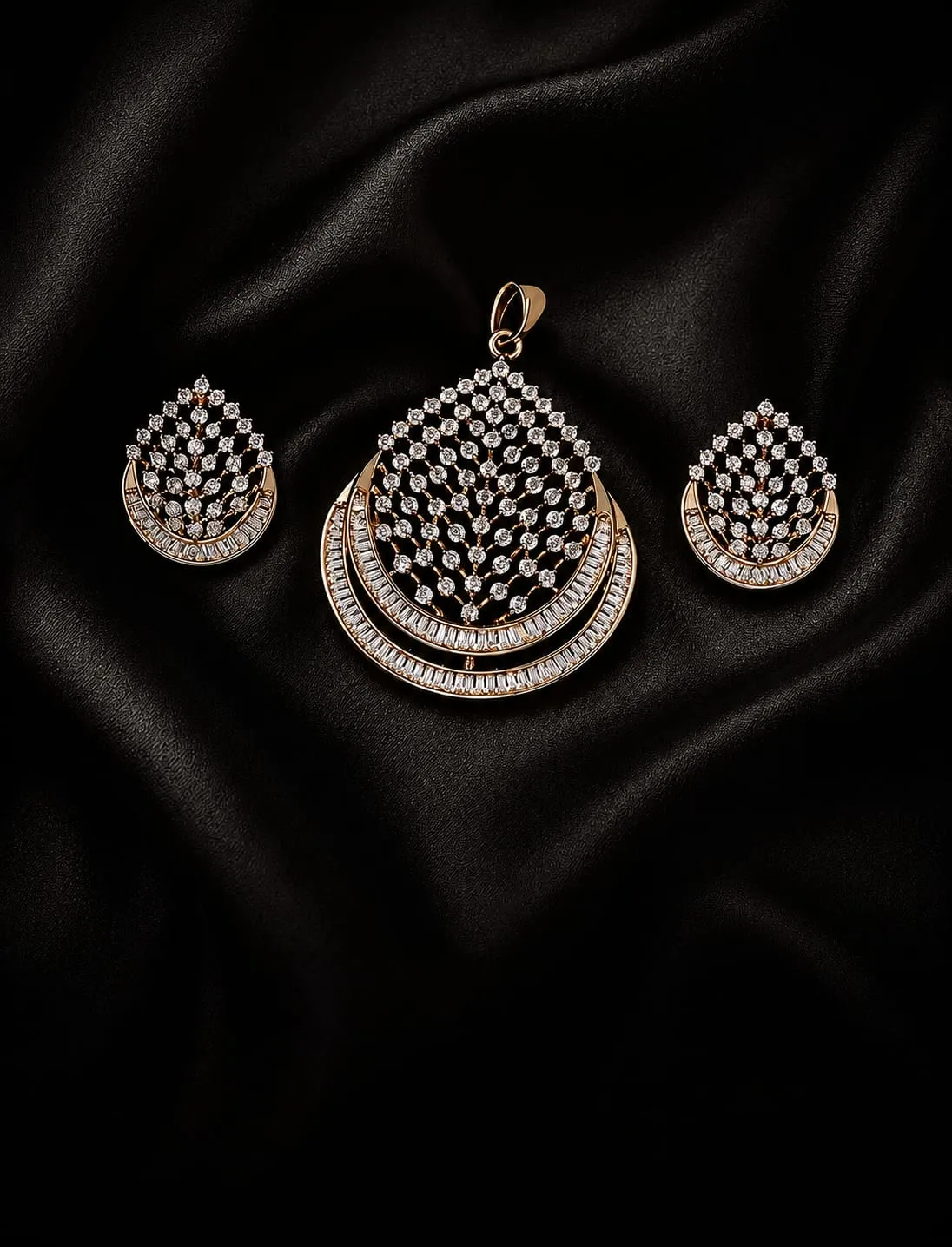 American Diamond Pendant Set — Gold finish with intricate detailing, American Diamond (CZ) stones