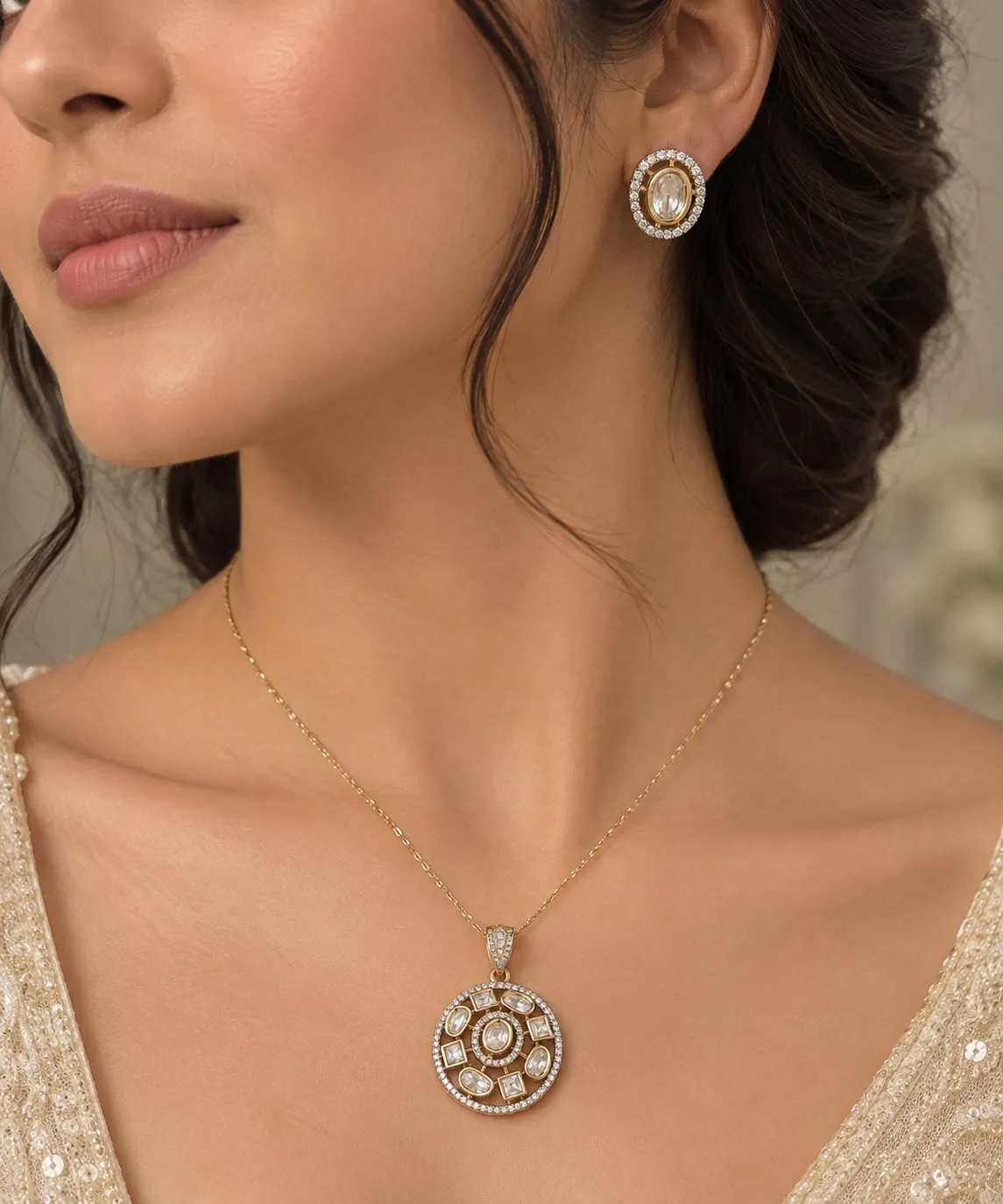 Aurelia Crystal Circle Pendant Set — Antique gold finish with intricate detailing, Cubic zirconia stones with pearl-style drop accents