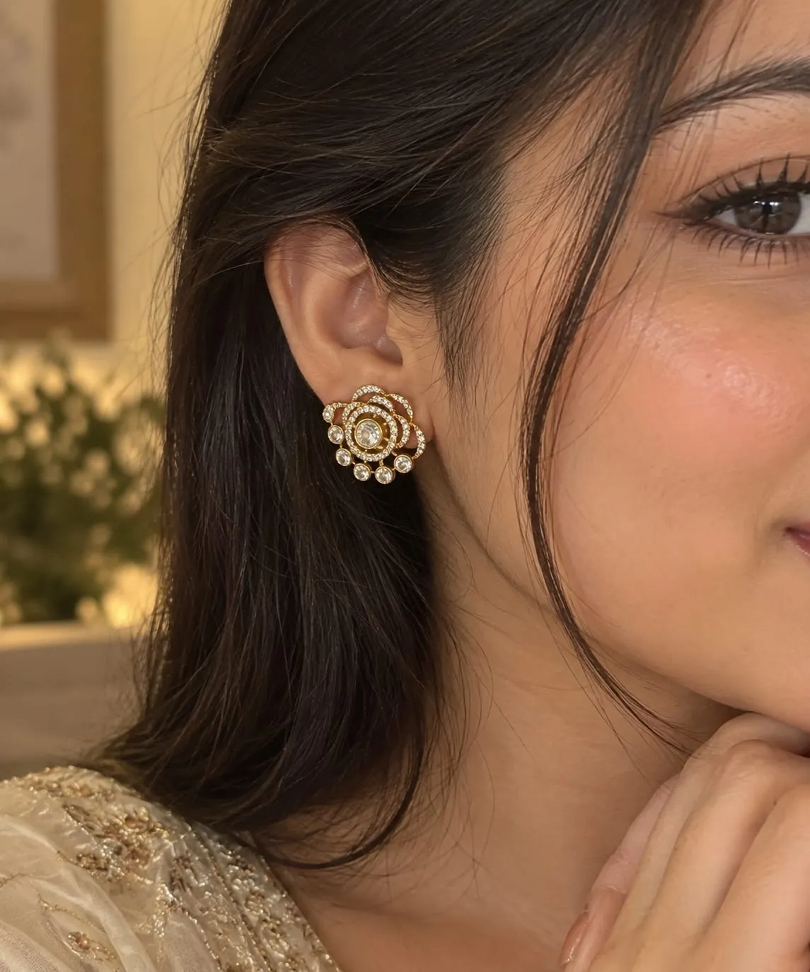 Aurelia Halo CZ Stud Earrings — Gold finish with intricate detailing, Cubic zirconia (CZ) clear stones