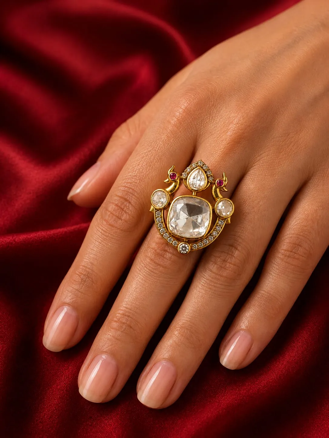 Crystal Ruby Crest Ring — Gold finish with intricate detailing, CZ stones and red synthetic stones