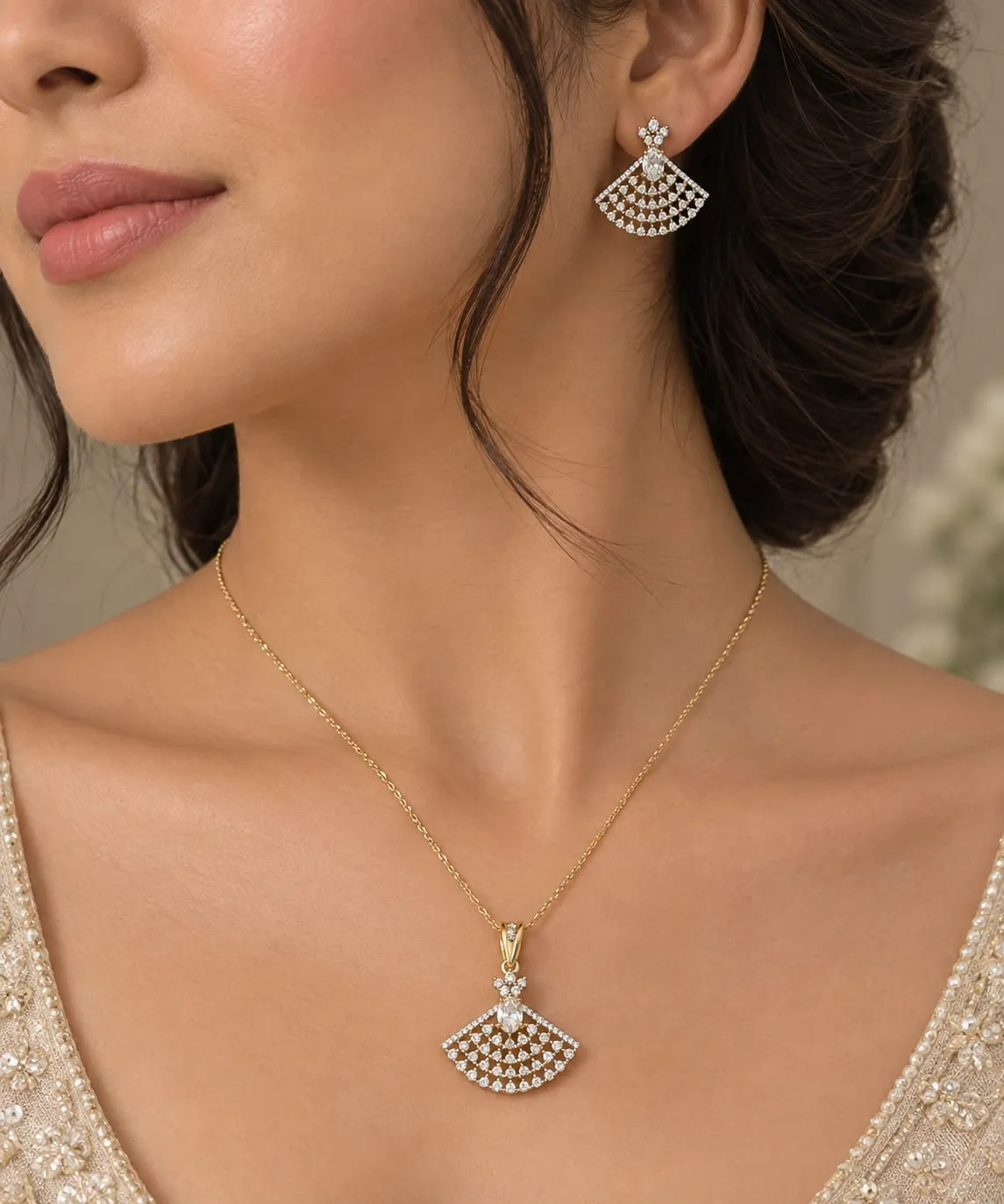 Elara Lattice CZ Pendant Set — Antique gold finish with intricate detailing, Cubic zirconia stones