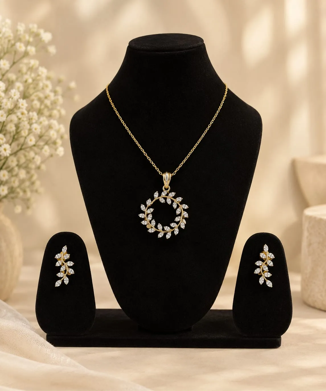 Elara Leaf Halo Pendant Set — Gold finish with intricate detailing, Cubic zirconia stones
