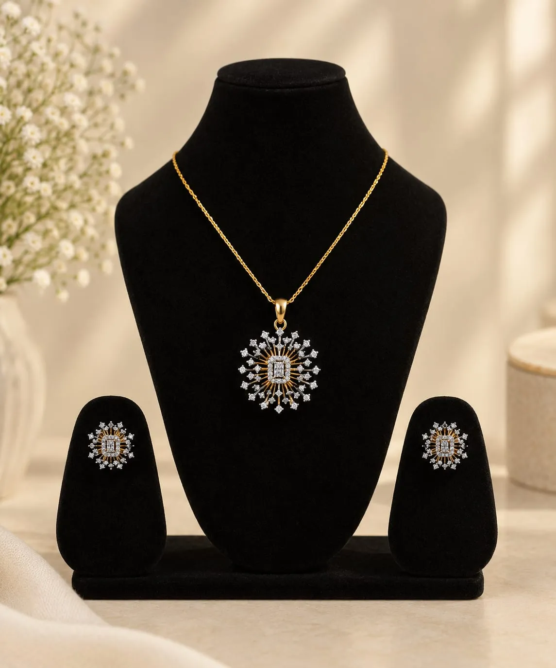 Elara Sunburst CZ Pendant Set — Gold finish with intricate detailing, Cubic zirconia stones with a clear rectangular centre stone