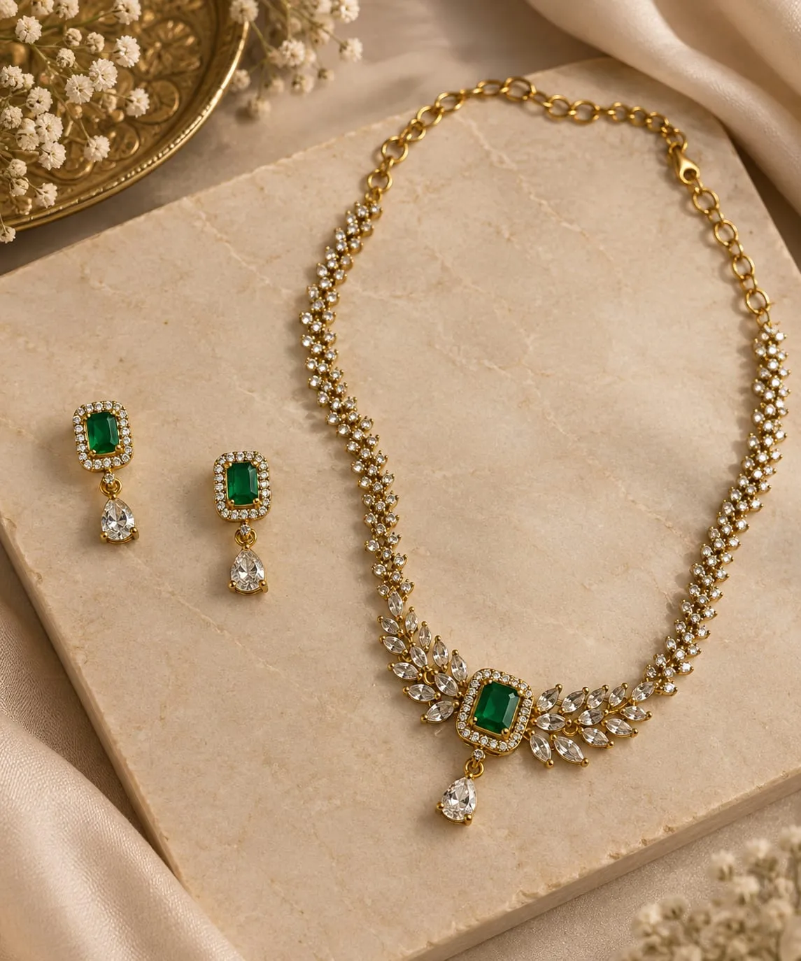 Emerald Leaf CZ Necklace Set — Gold finish with intricate floral and traditional detailing, Green emerald-inspired centre stones and CZ clear stones