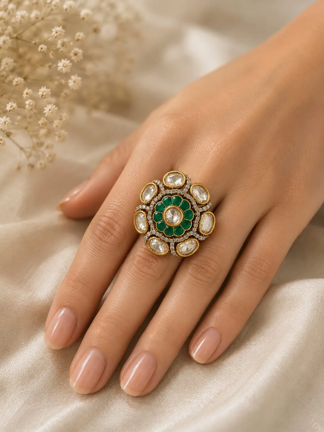 Emerald Lotus Halo Ring — Gold finish with intricate floral detailing, Green stones and CZ stones