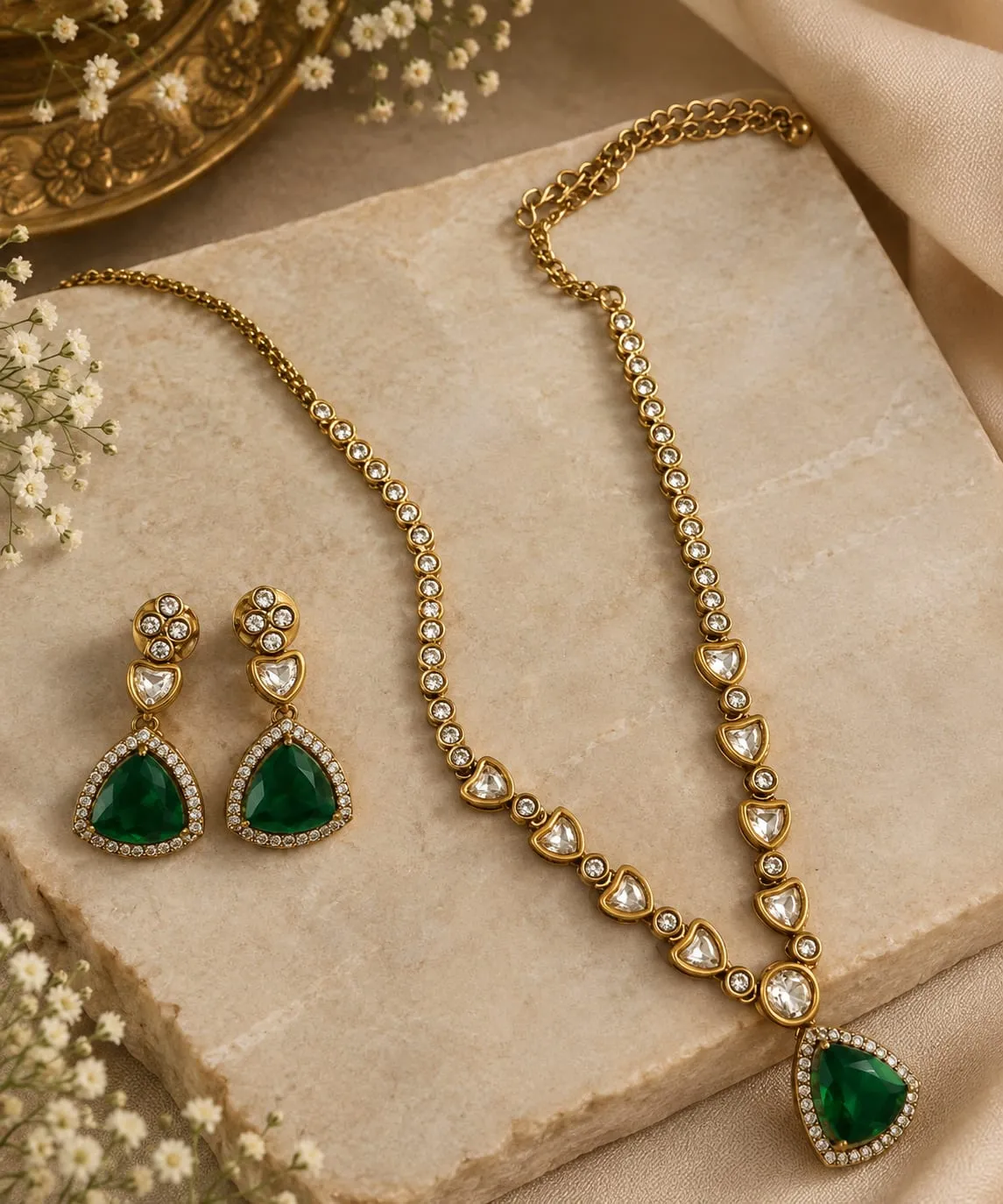 Emerald Teardrop CZ Necklace Set — Gold finish with intricate detailing, Green emerald-inspired centre stones and cubic zirconia (CZ) clear stones