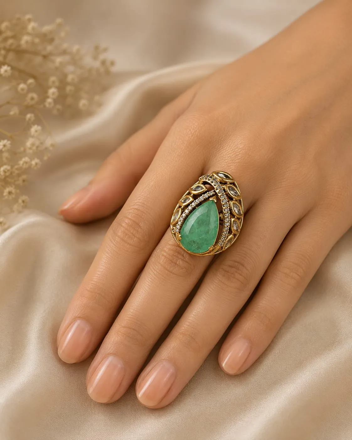Emerald Teardrop Royale Ring — Gold finish with intricate openwork detailing, Green centre stone and CZ stones