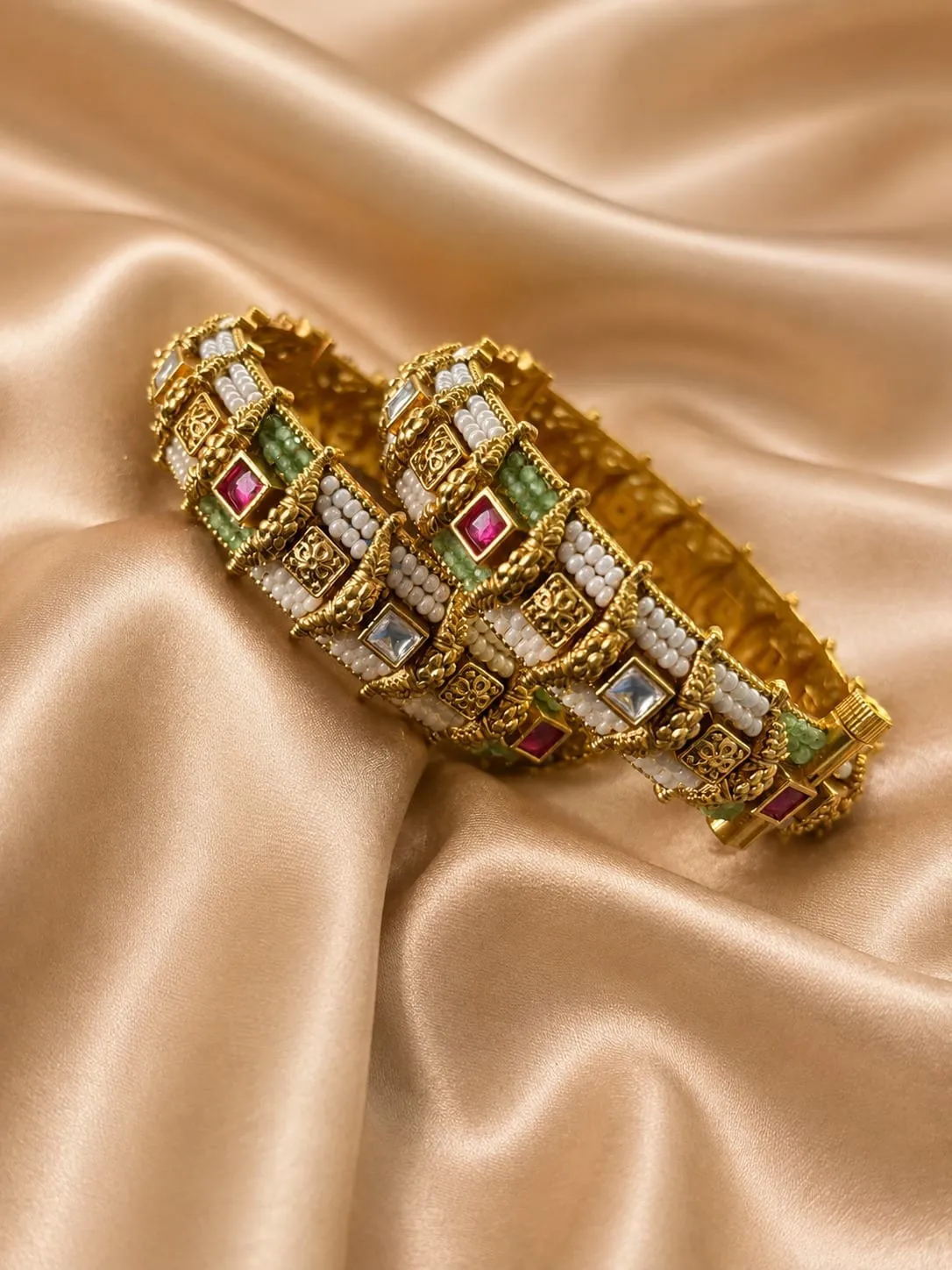 Gold Finish Beaded Designer Bangles — Gold finish with intricate traditional detailing, Beaded detailing and coloured stones and clear stones