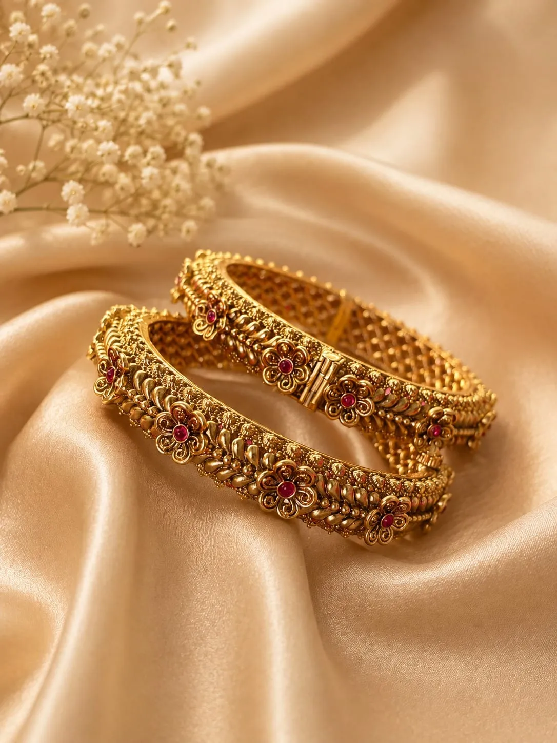 Gold Finish Floral Heritage Bangles — Gold finish with intricate floral and traditional detailing, Red stones