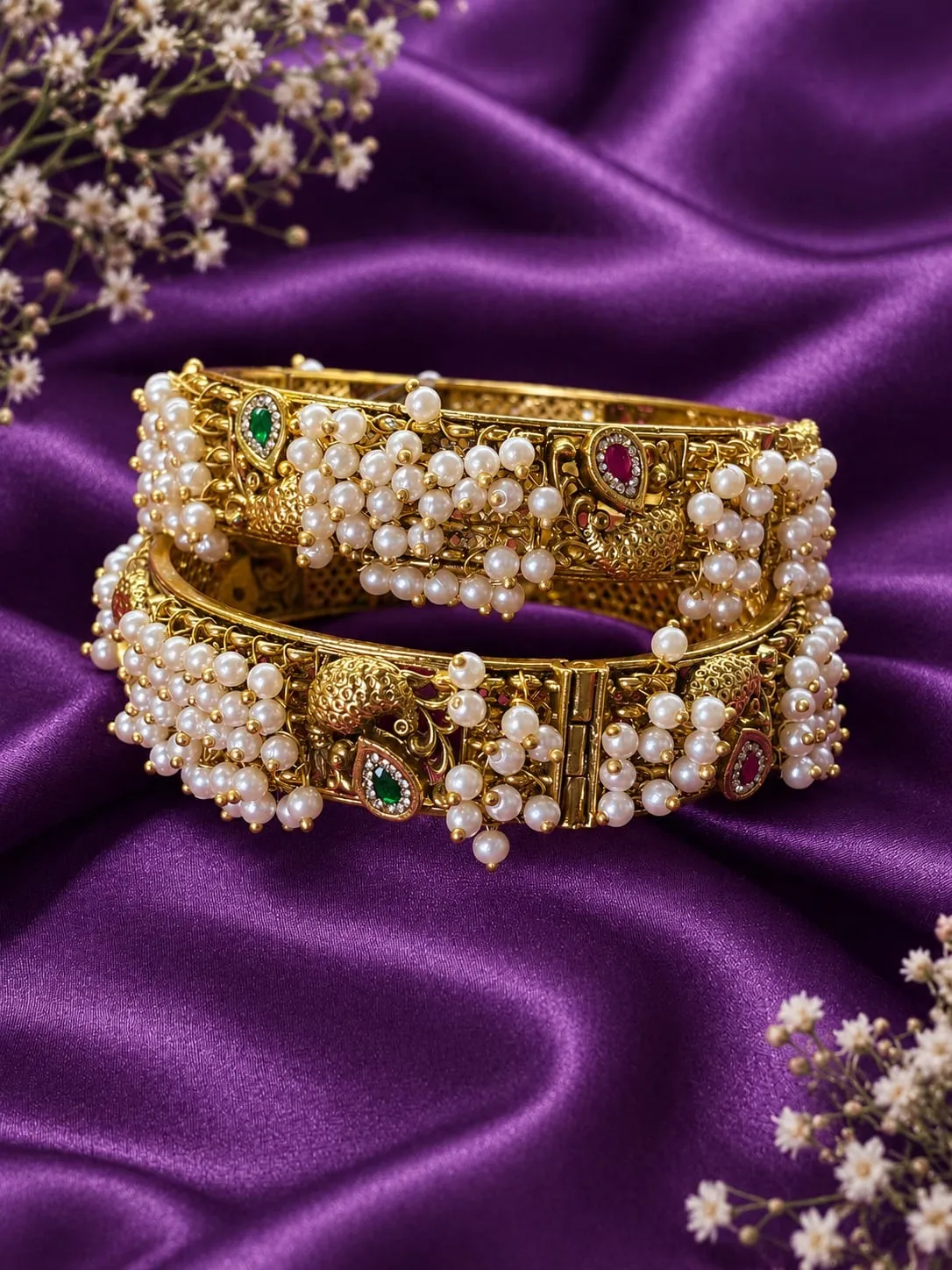 Gold Finish Pearl Floral Bangles — Gold finish with intricate floral detailing, Pearl-style accents and green stones and red stones and clear stones
