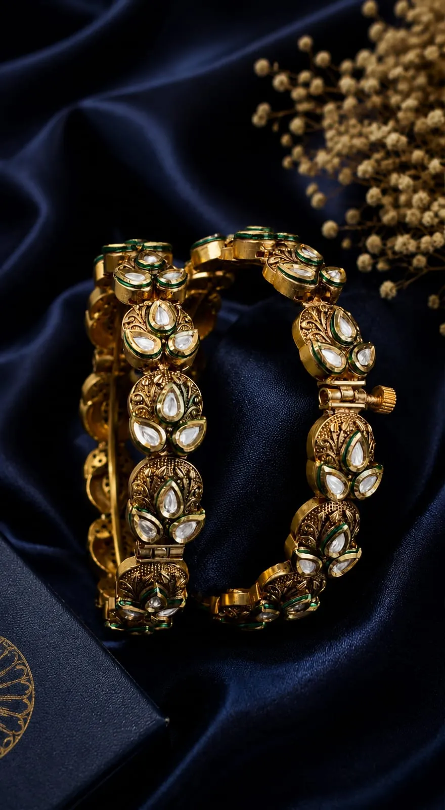 Gold Finish Polki Bangles — Gold finish with intricate detailing and green accents, Polki-style CZ stones and green stones