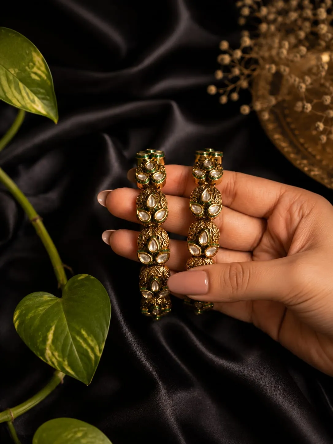 Gold Finish Polki Bangles — Gold finish with intricate detailing and green accents, Polki-style CZ stones and green stones (view 2)