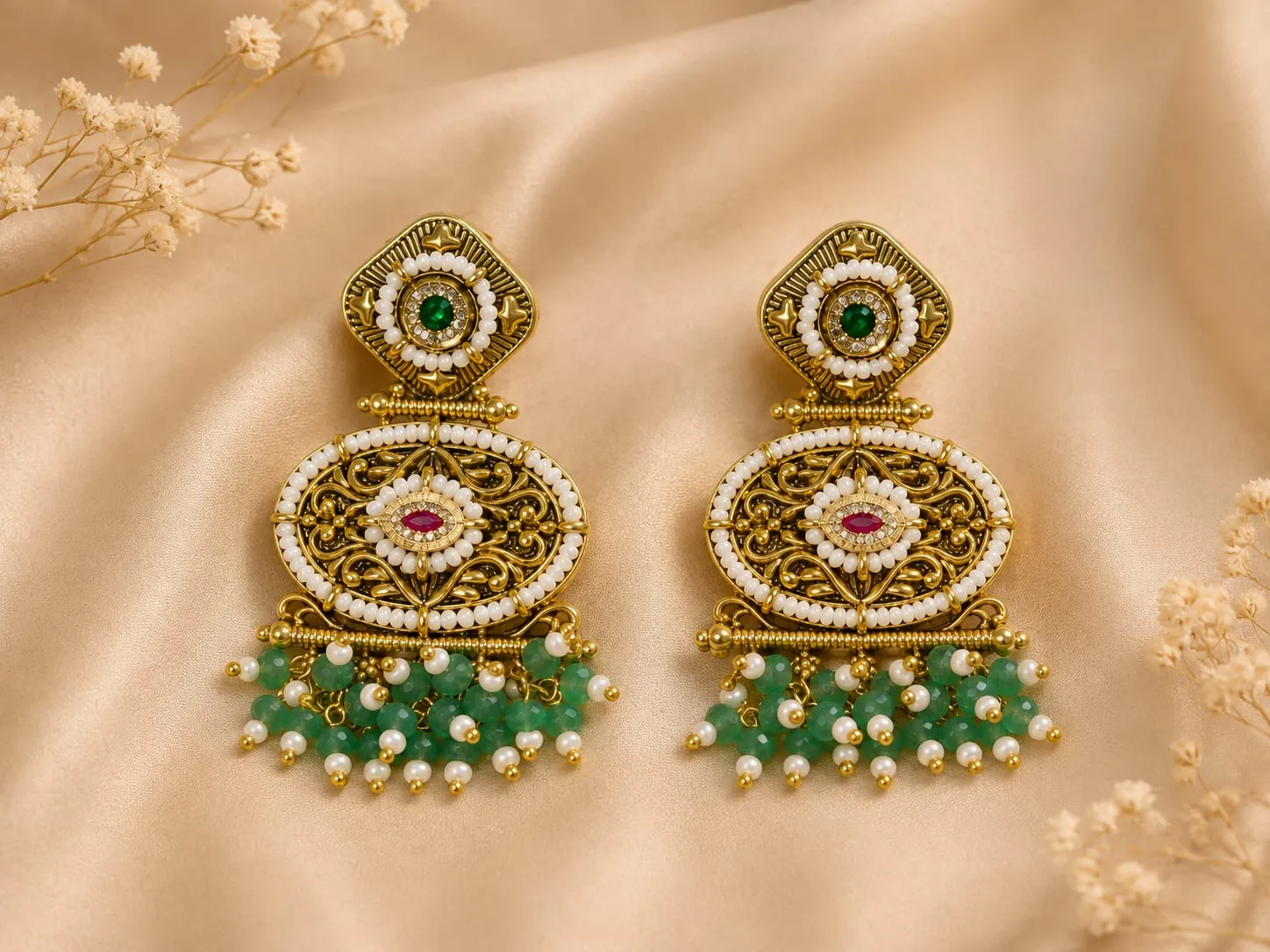 Green Beaded Temple Earrings — Antique gold finish with intricate detailing, Green beads and pearl-style beads and CZ stones and synthetic ruby