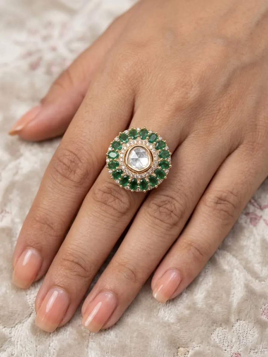 Green Emerald CZ Statement Ring — Antique gold finish with traditional oxidised work, Synthetic emerald and CZ stones