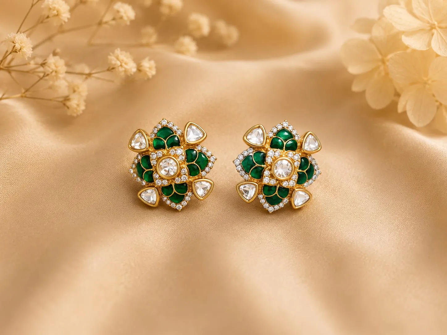 Green Enamel Floral CZ Earrings — Gold finish with intricate detailing, Green enamel-style detailing and CZ stones