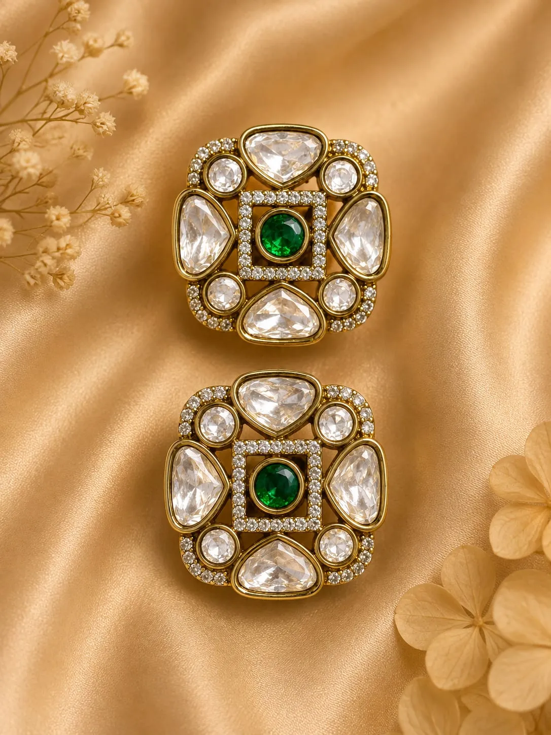 Green Kundan CZ Statement Earrings — Antique gold finish with intricate detailing, Green synthetic stone and Kundan-style stones and CZ stones