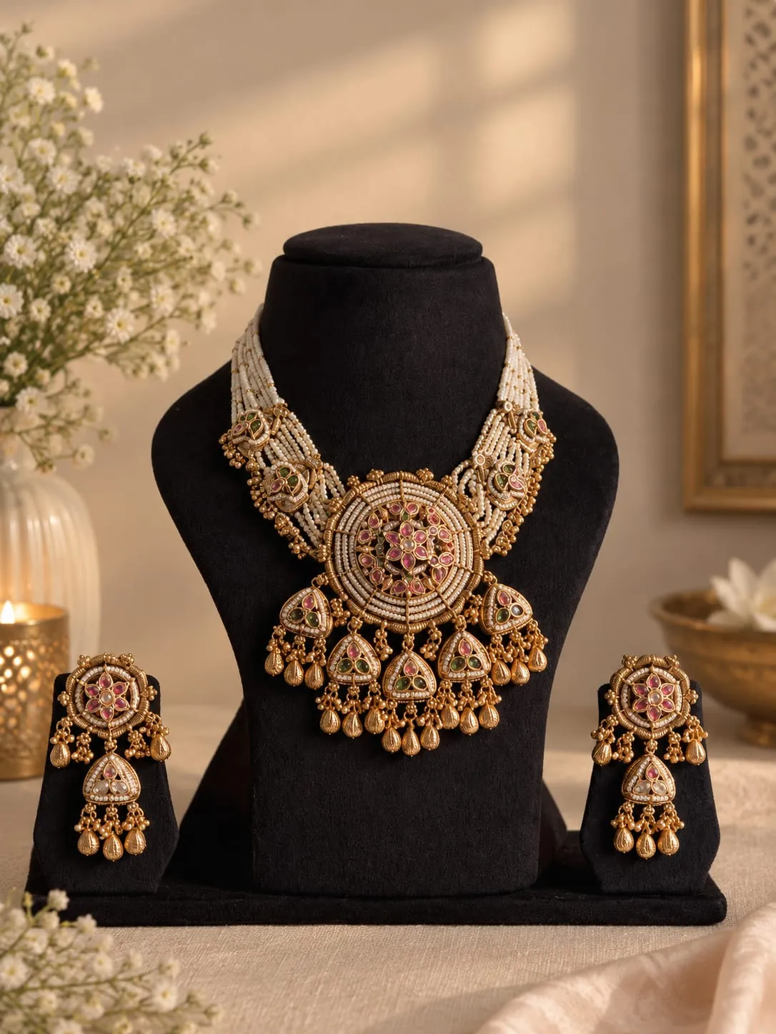 Gulnaar Jadau Rani Necklace Set — Antique gold finish with intricate traditional detailing, Red and green synthetic stones and Kundan-style clear stones and pearl-style accents