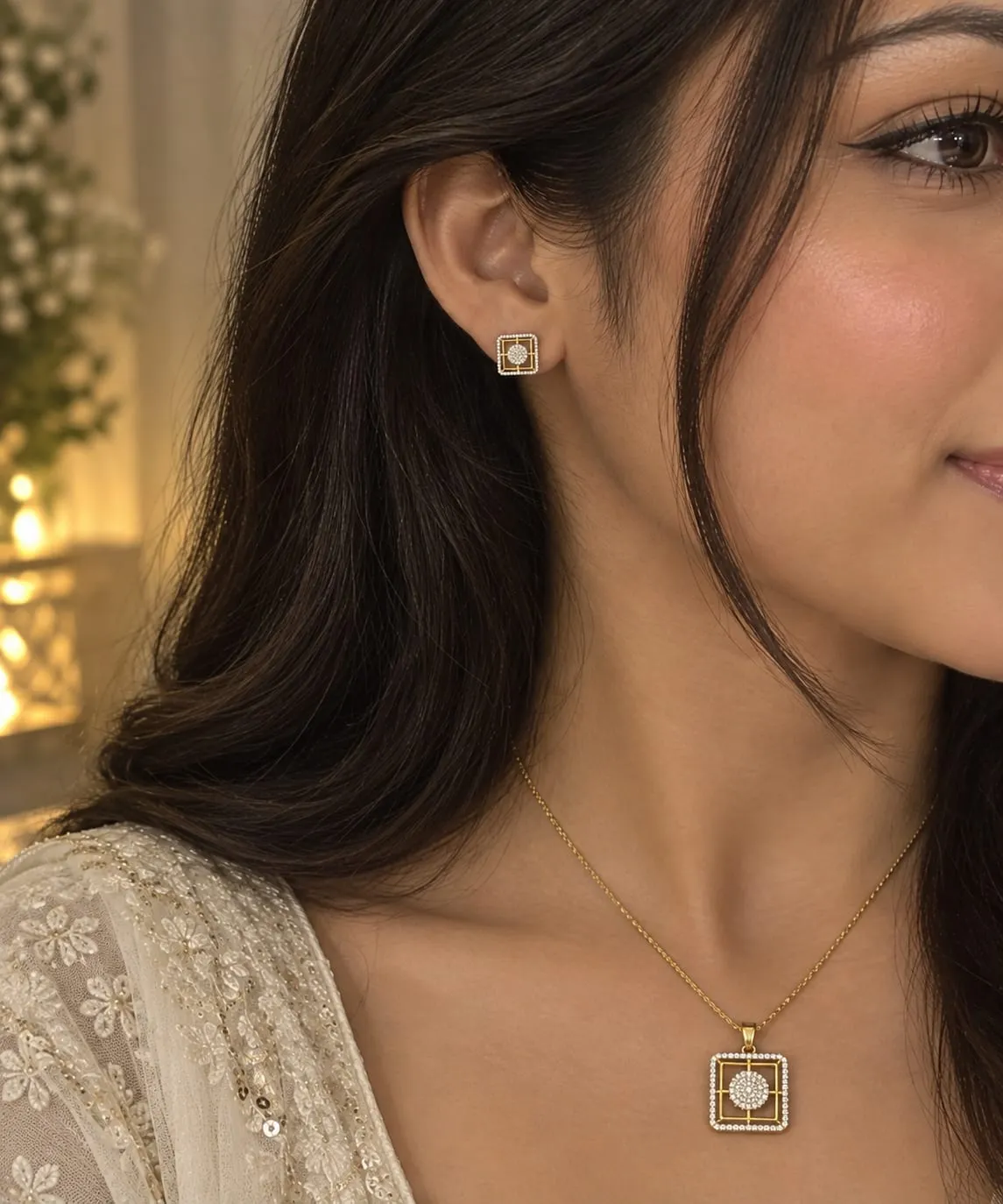 Kiara Square CZ Pendant Set — Antique gold finish with intricate detailing, Cubic zirconia stones