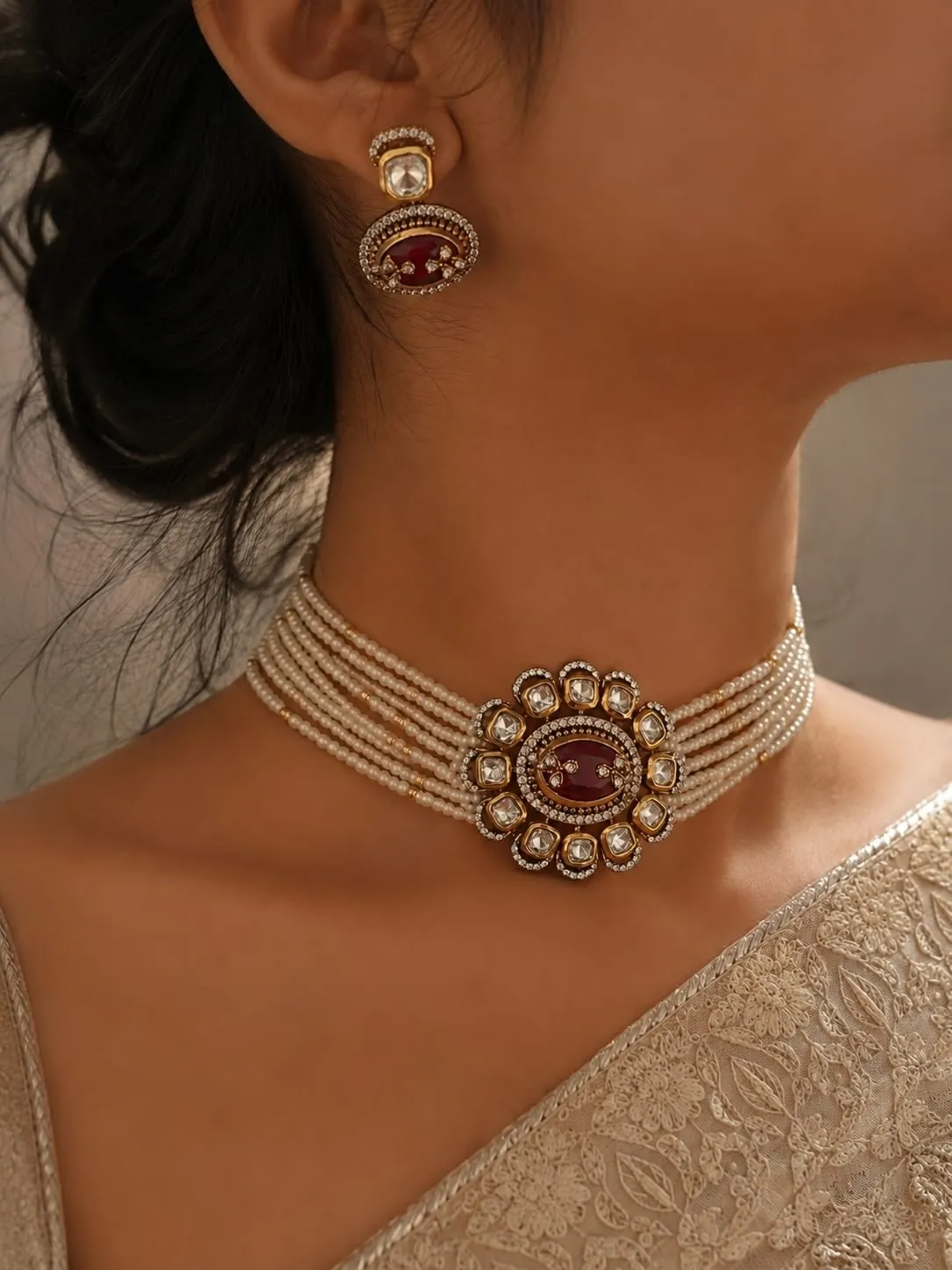Kundan Bridal Choker Set — Antique gold with oxidised detail, Kundan and pearl