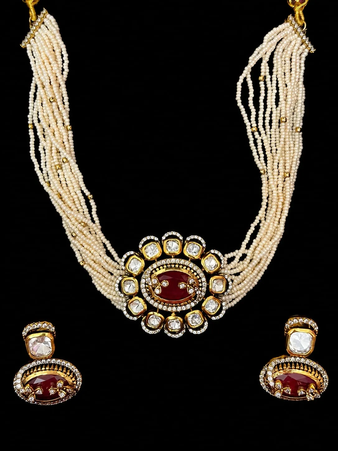 Kundan Bridal Choker Set — Antique gold with oxidised detail, Kundan and pearl