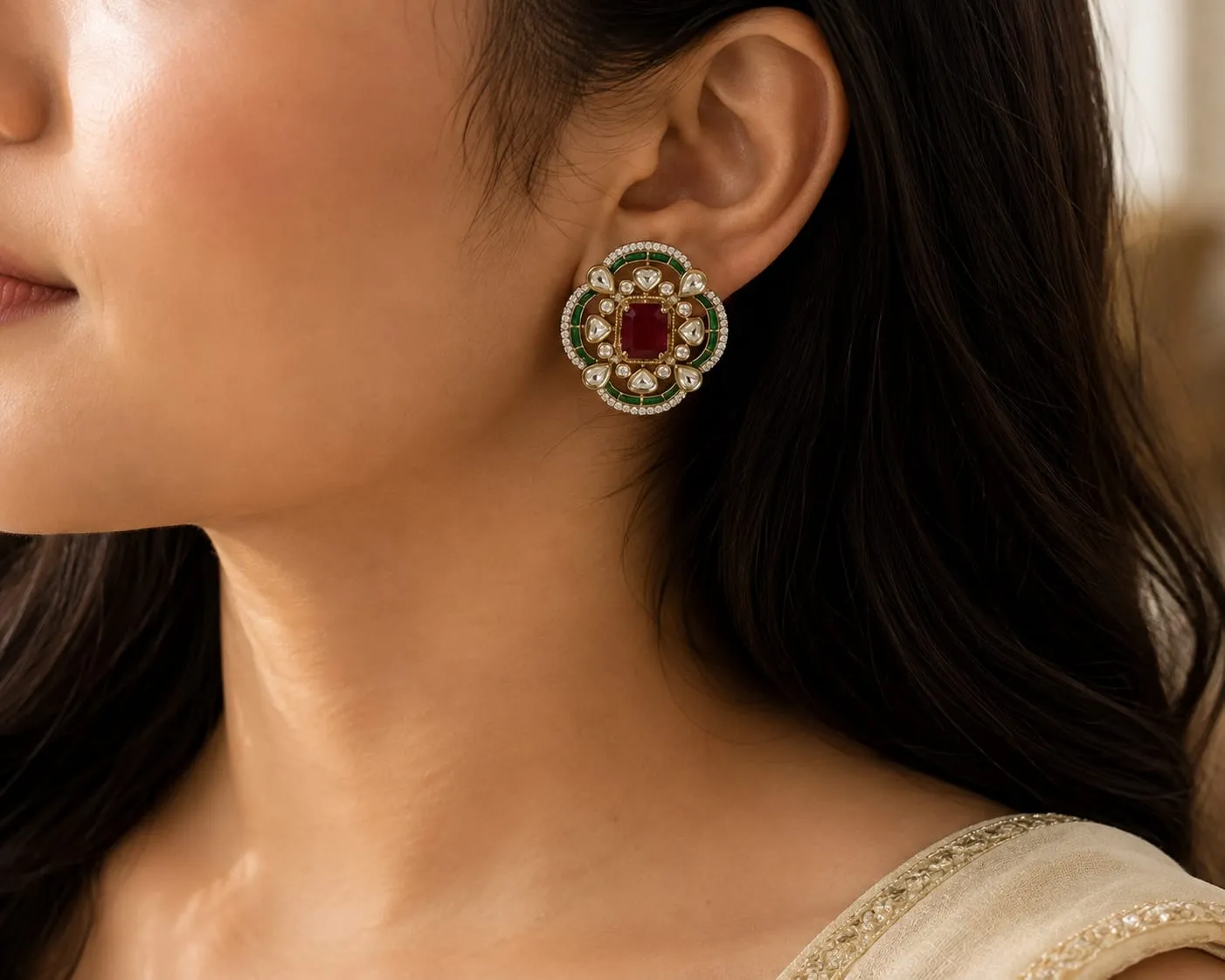 Kundan Emerald Red Stone Earrings — Gold finish with intricate detailing, Kundan-style stones and green stones and red stones and CZ stones