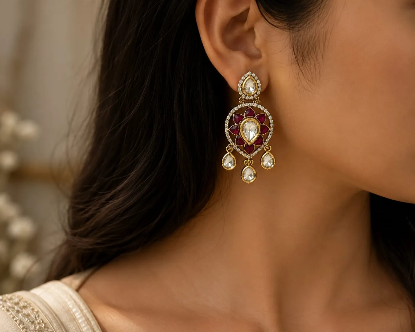 Kundan Floral Drop Earrings — Gold finish with intricate floral detailing, Kundan-style stones and red stones and CZ stones