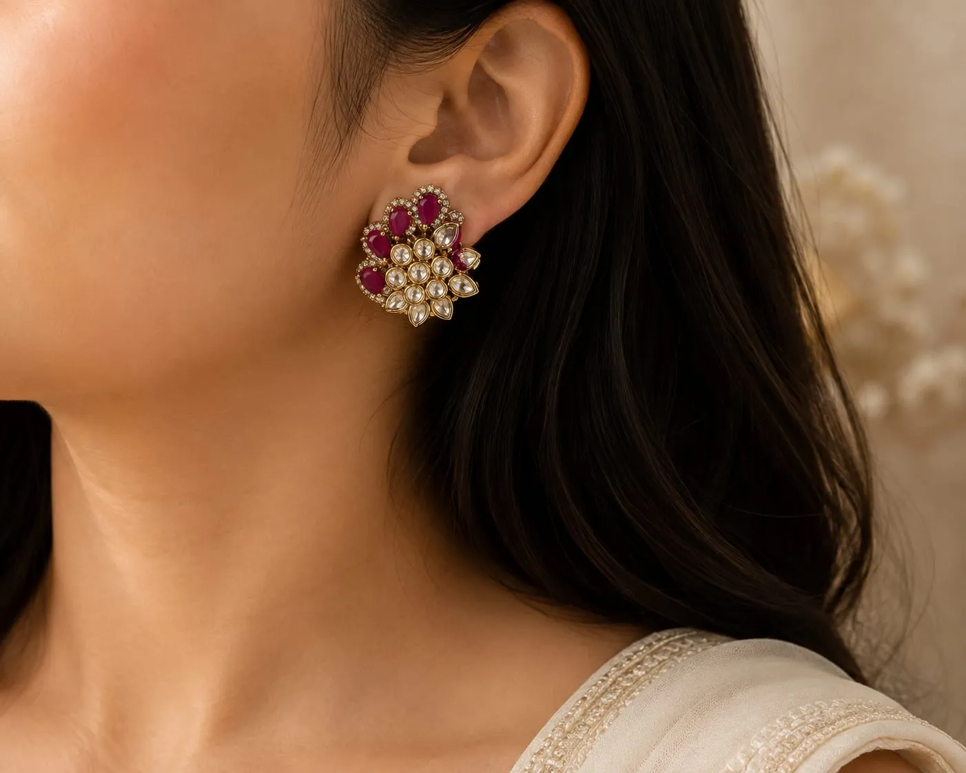 Kundan Floral Red Stone Earrings — Gold finish with intricate floral detailing, Kundan-style stones and red stones and CZ stones