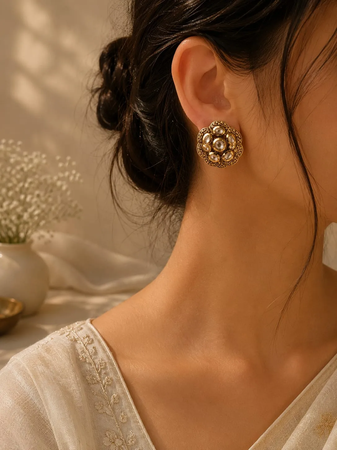 Kundan Round Floral Stud Earrings — Gold finish with intricate floral detailing, Kundan-style clear stones and CZ detailing