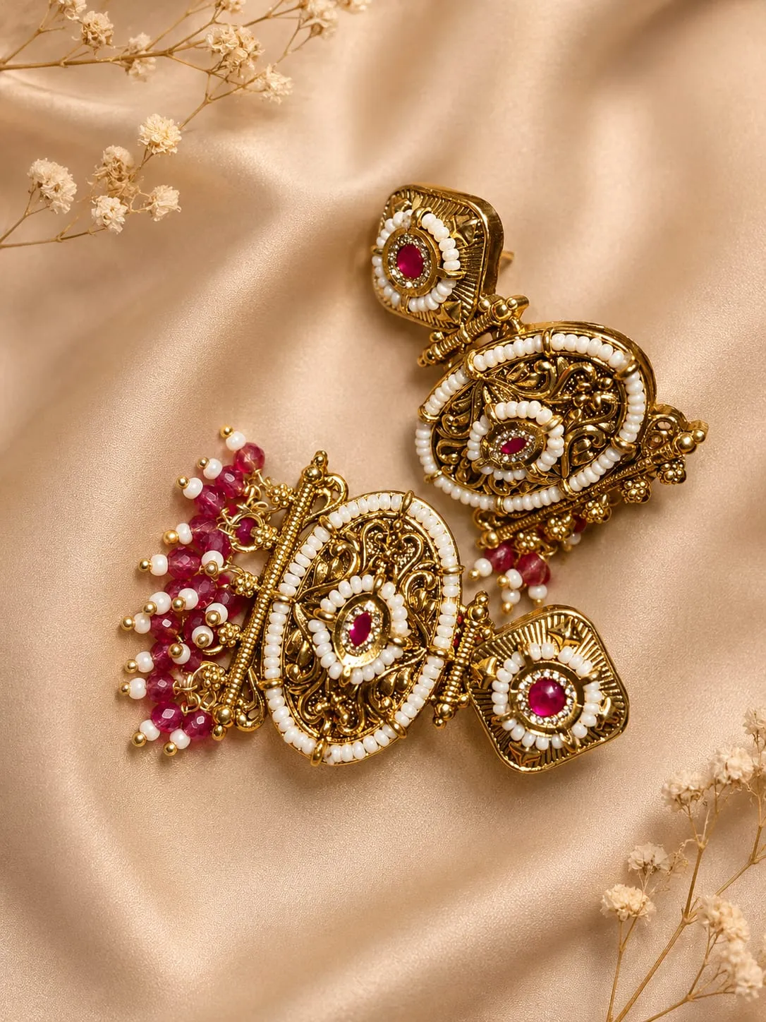 Magenta Beaded Temple Earrings — Antique gold finish with intricate detailing, Magenta beads and pearl-style beads and CZ stones and synthetic ruby