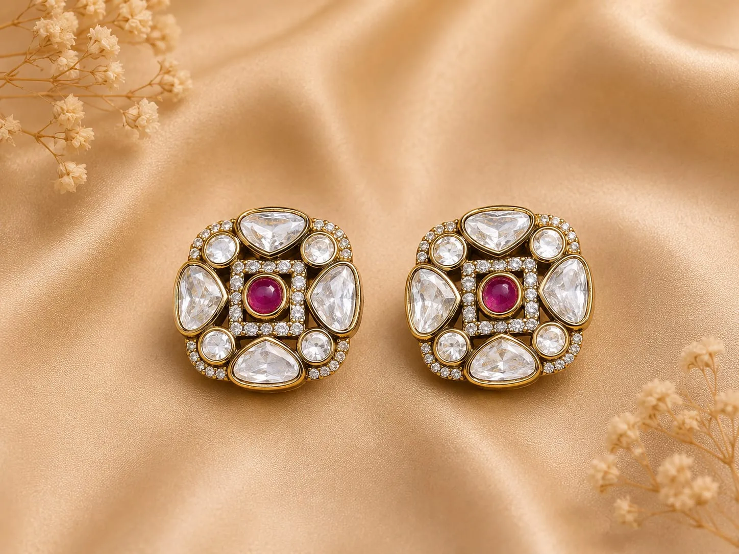 Magenta Kundan CZ Statement Earrings — Antique gold finish with intricate detailing, Magenta synthetic stone and Kundan-style stones and CZ stones