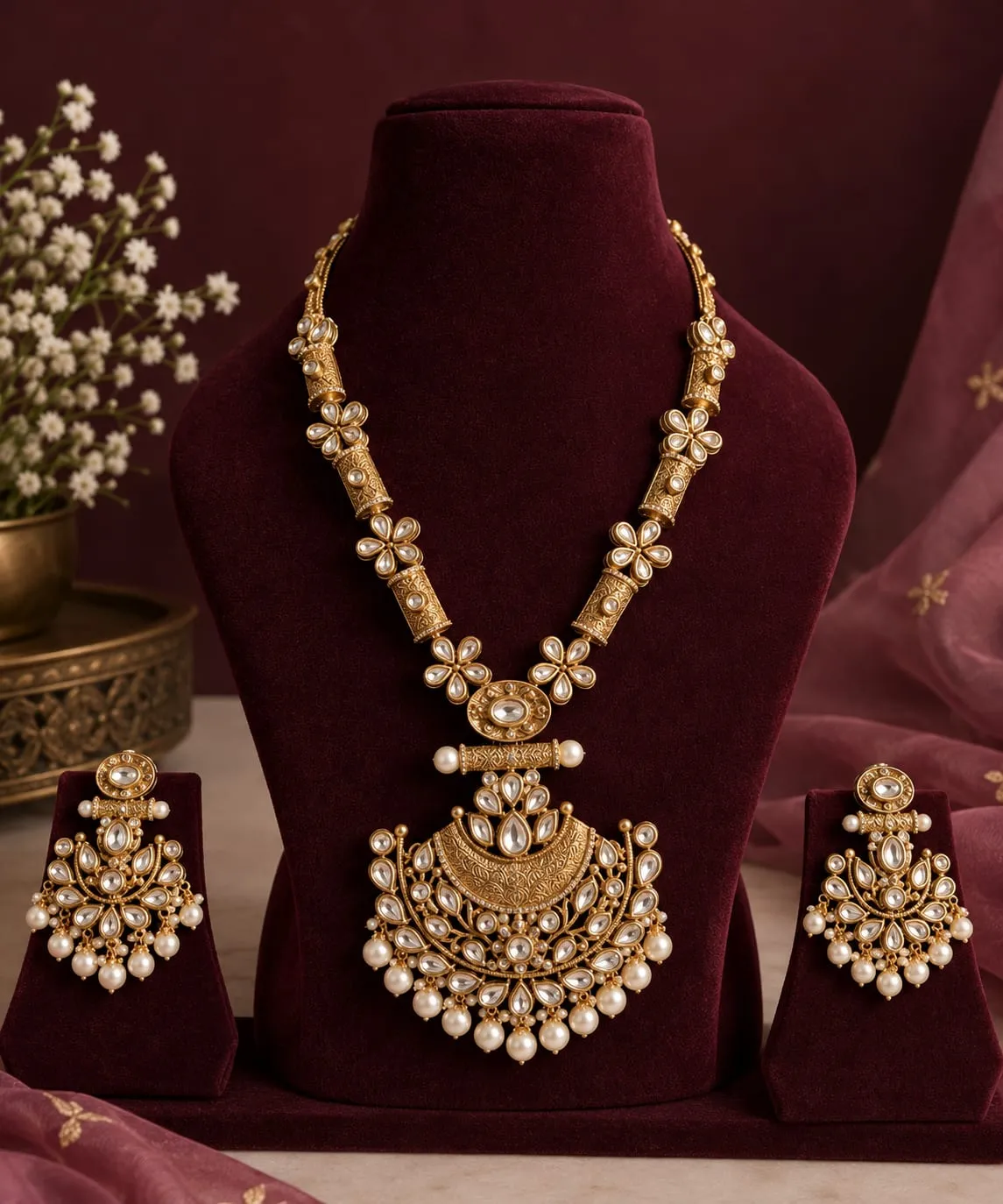 Maharani Jadau Bloom Necklace Set — Antique gold finish with intricate detailing, Kundan-style clear stones and pearl-style accents