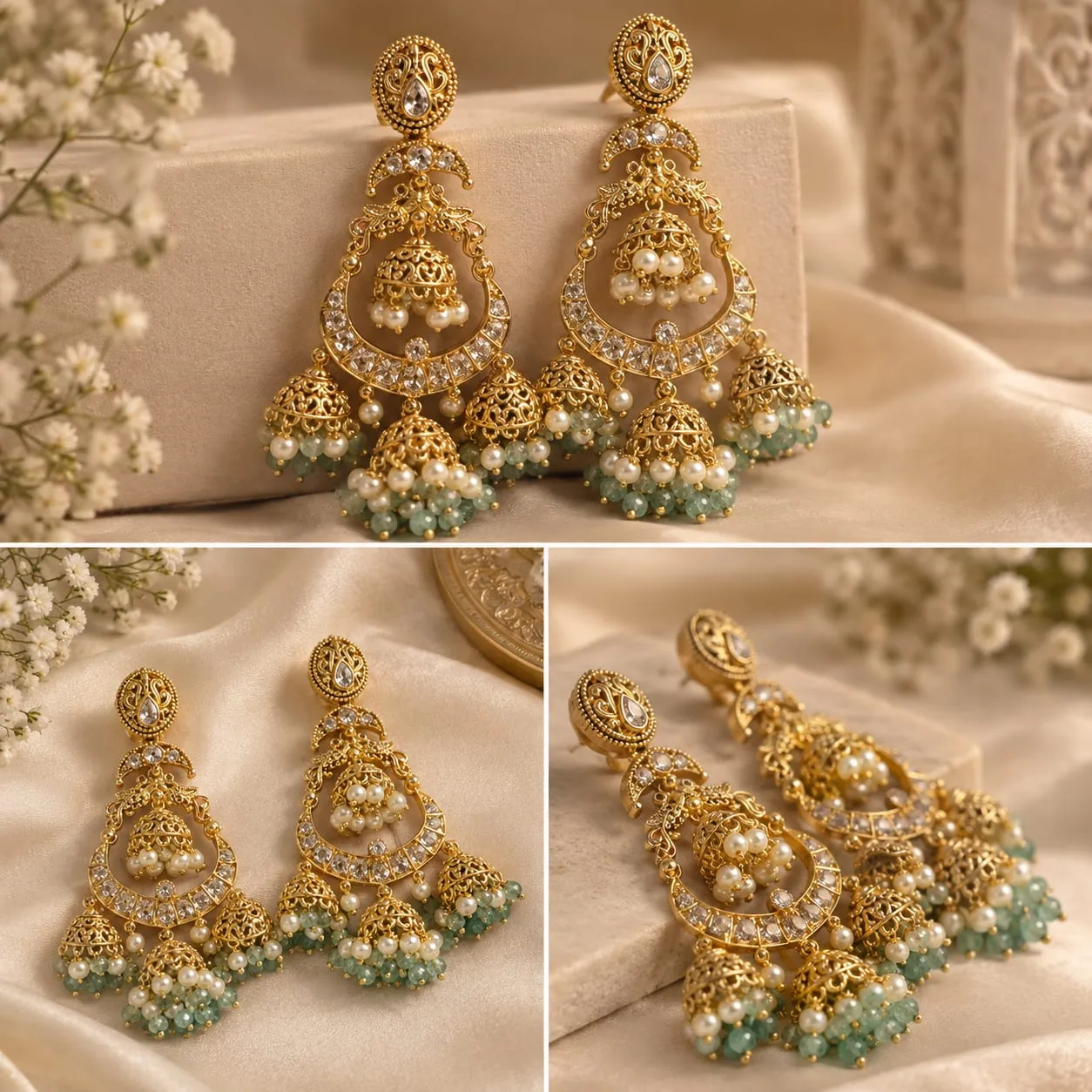 Meher Emerald Jhumka Chandeliers — Gold finish with intricate detailing, Cubic zirconia (CZ) clear stones and green bead accents and white bead detailing