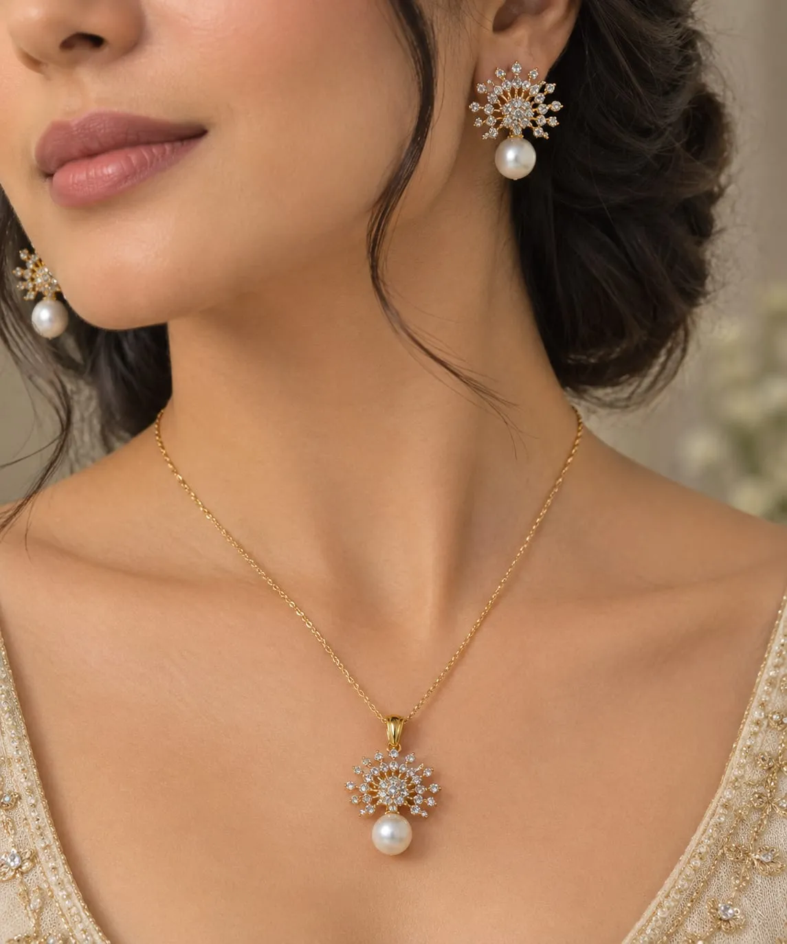 Noor Pearl Bloom Pendant Set — Antique gold finish with intricate detailing, Cubic zirconia stones with pearl-style drop accents