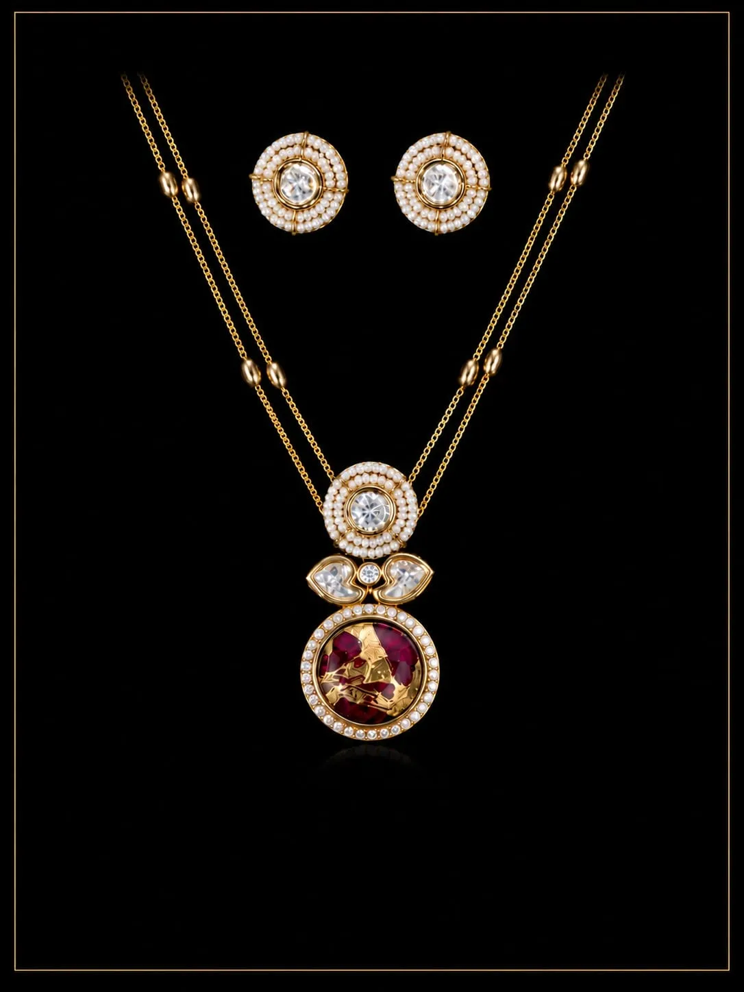 Nayani Pendant Set — Gold polish with intricate detailing, Pearl-style beads and CZ stones and red synthetic stone