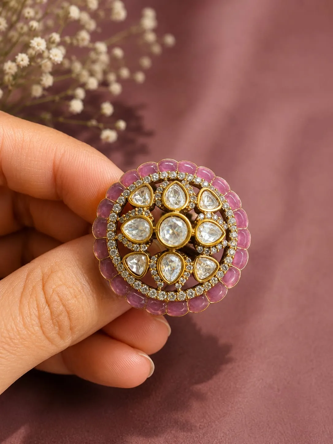 Pink Halo CZ Statement Ring — Gold finish with intricate detailing, Pink stone detailing and CZ stones