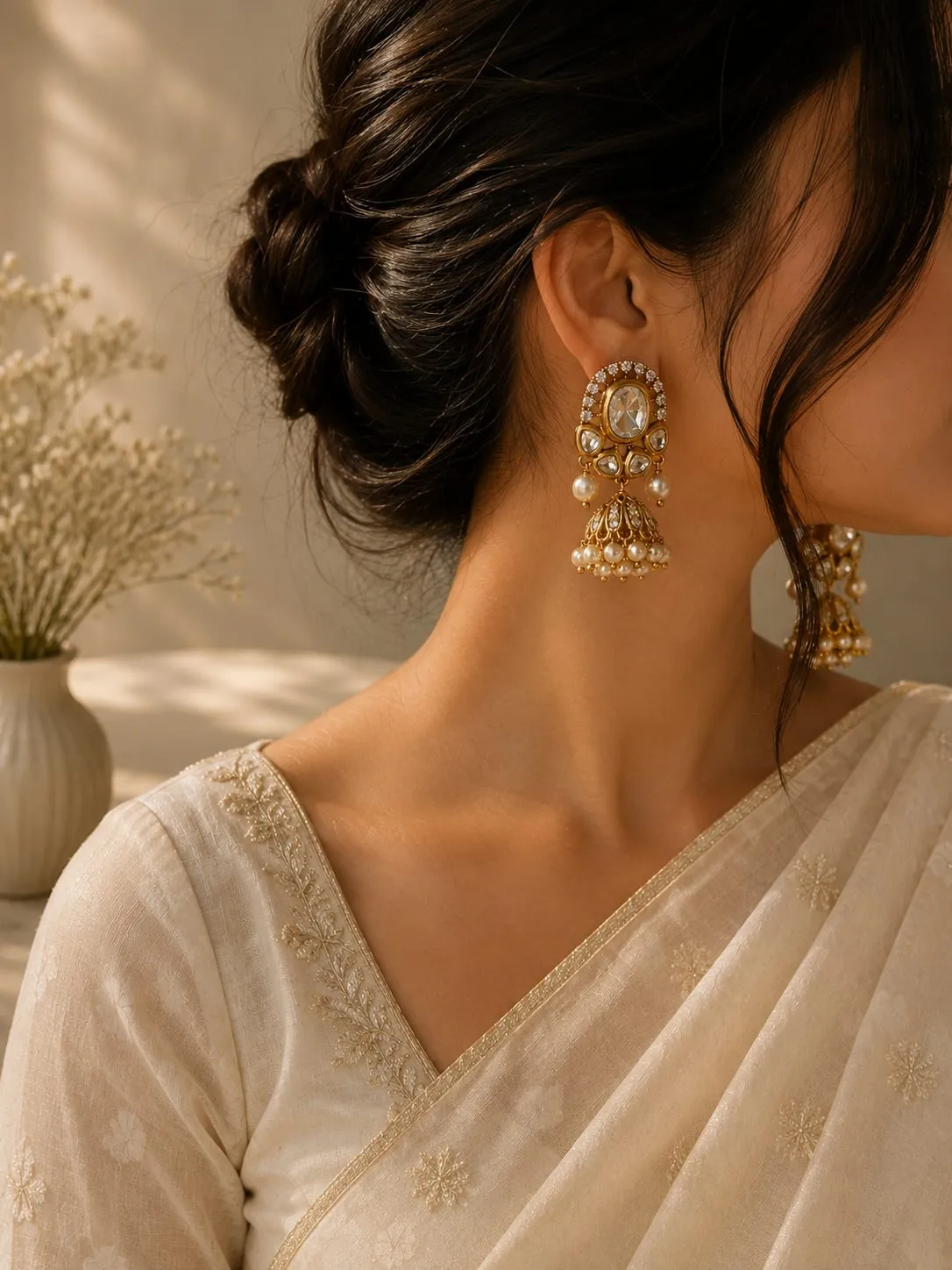 Kundan Pearl Jhumka Earrings — Gold finish with intricate detailing, Polki-style stones and Moissanite-style stones and CZ stones and pearl-style accents