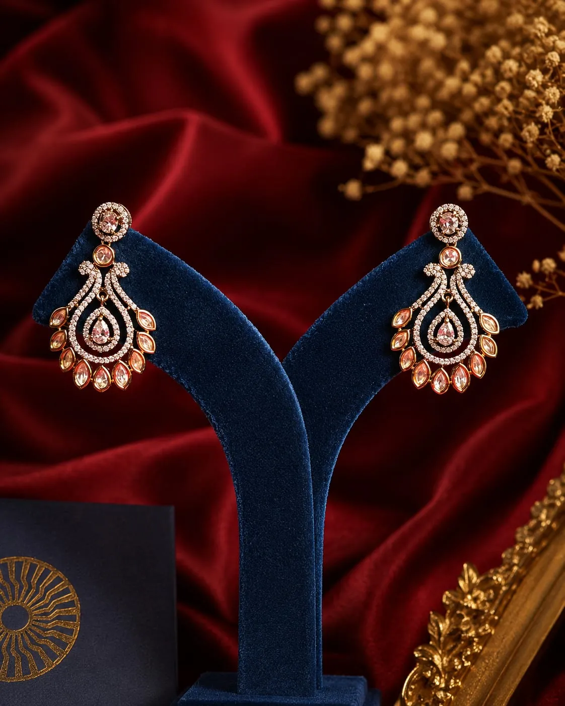 Polki Teardrop Earring — Gold finish with intricate teardrop detailing, Polki-style CZ stones and clear stones