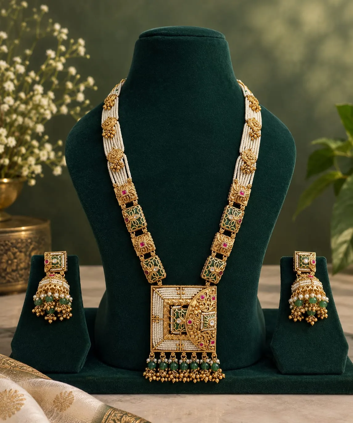 Rajsi Emerald Mosaic Necklace Set — Antique gold finish with intricate traditional detailing, Green synthetic stones and red synthetic stones and clear Kundan-style stones
