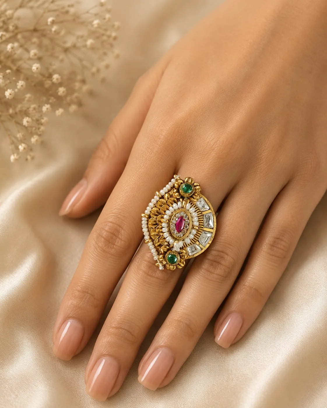 Rajwadi Jewel Bloom Ring — Antique gold finish with traditional oxidised work, Cubic Zirconia (CZ) and pearl-style detailing and green and pink centre stones