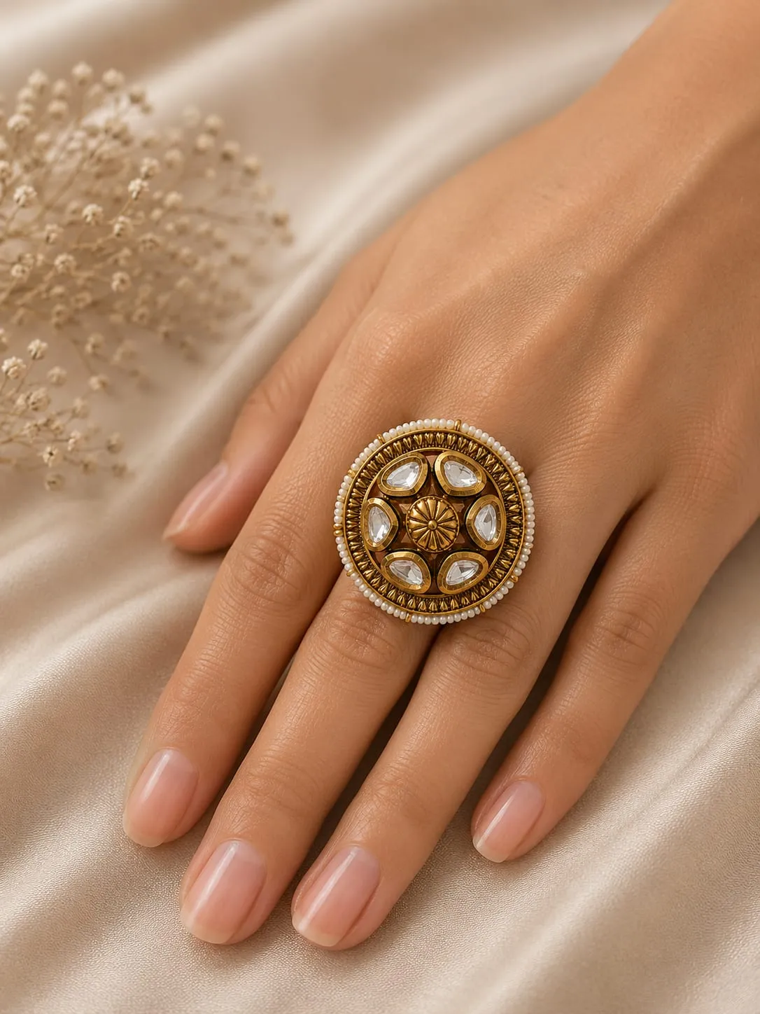 Rajwadi Pearl Bloom Ring — Gold finish with intricate detailing, Cubic Zirconia (CZ) and pearl-style detailing