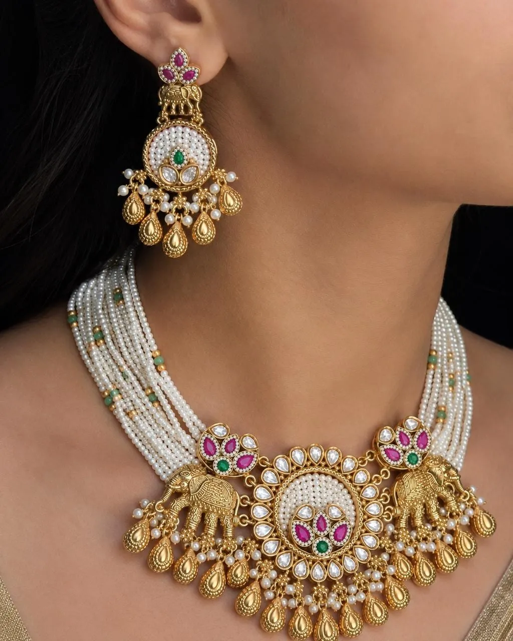 Rajwari Heritage Premium Necklace Set — Gold polish with antique detailing, Kundan/CZ stones and green and pink stones and pearl-style beads