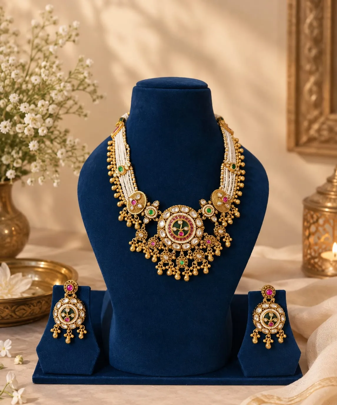 Rajwadi Pearl Kundan Necklace Set — Antique gold finish with intricate traditional detailing, Clear Kundan-style stones and green and red synthetic stones and pearl-style accents