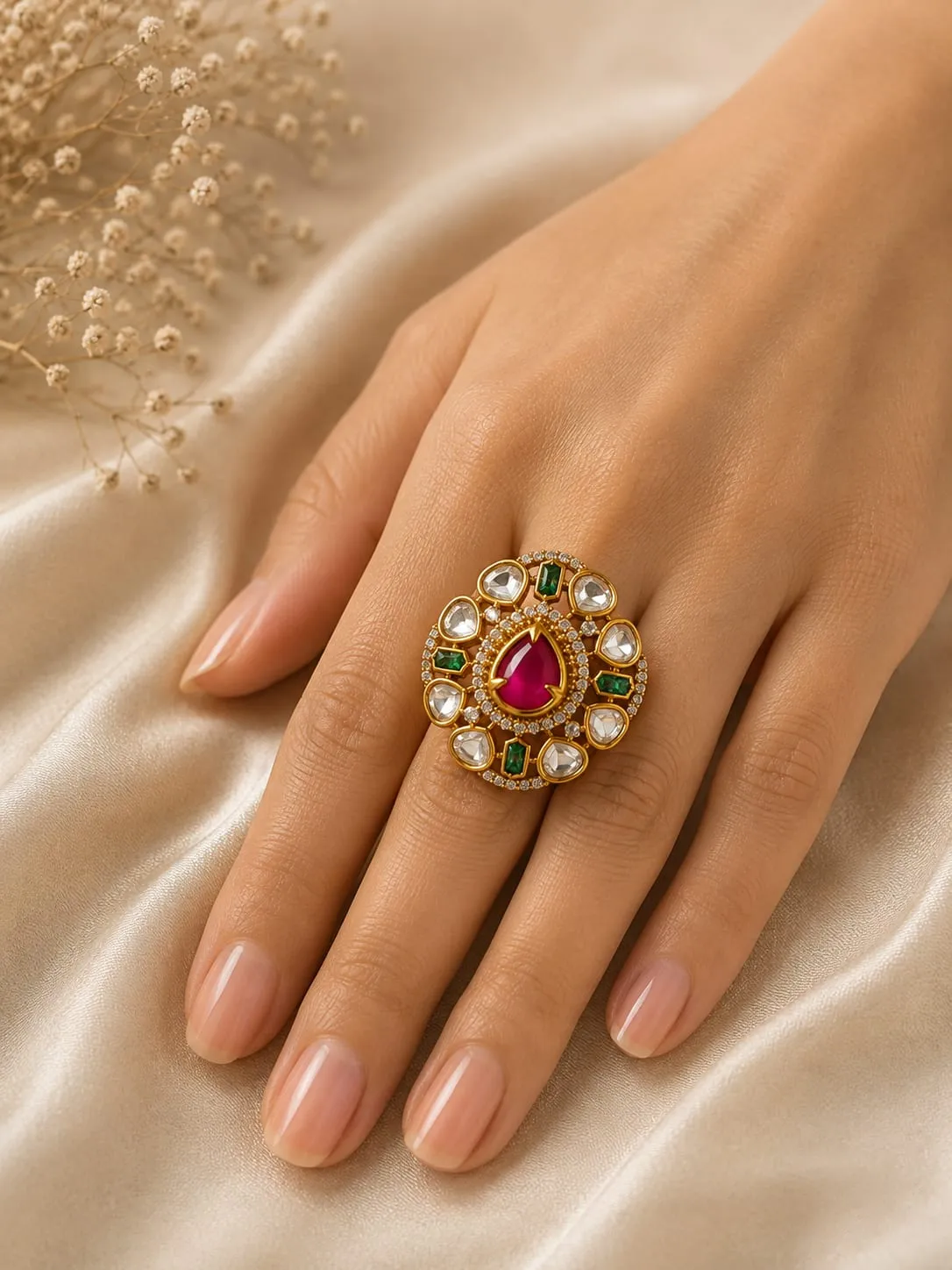 Rajwadi Ruby Statement Ring — Gold finish with intricate detailing, Cubic Zirconia (CZ) and ruby-inspired stone and green stones