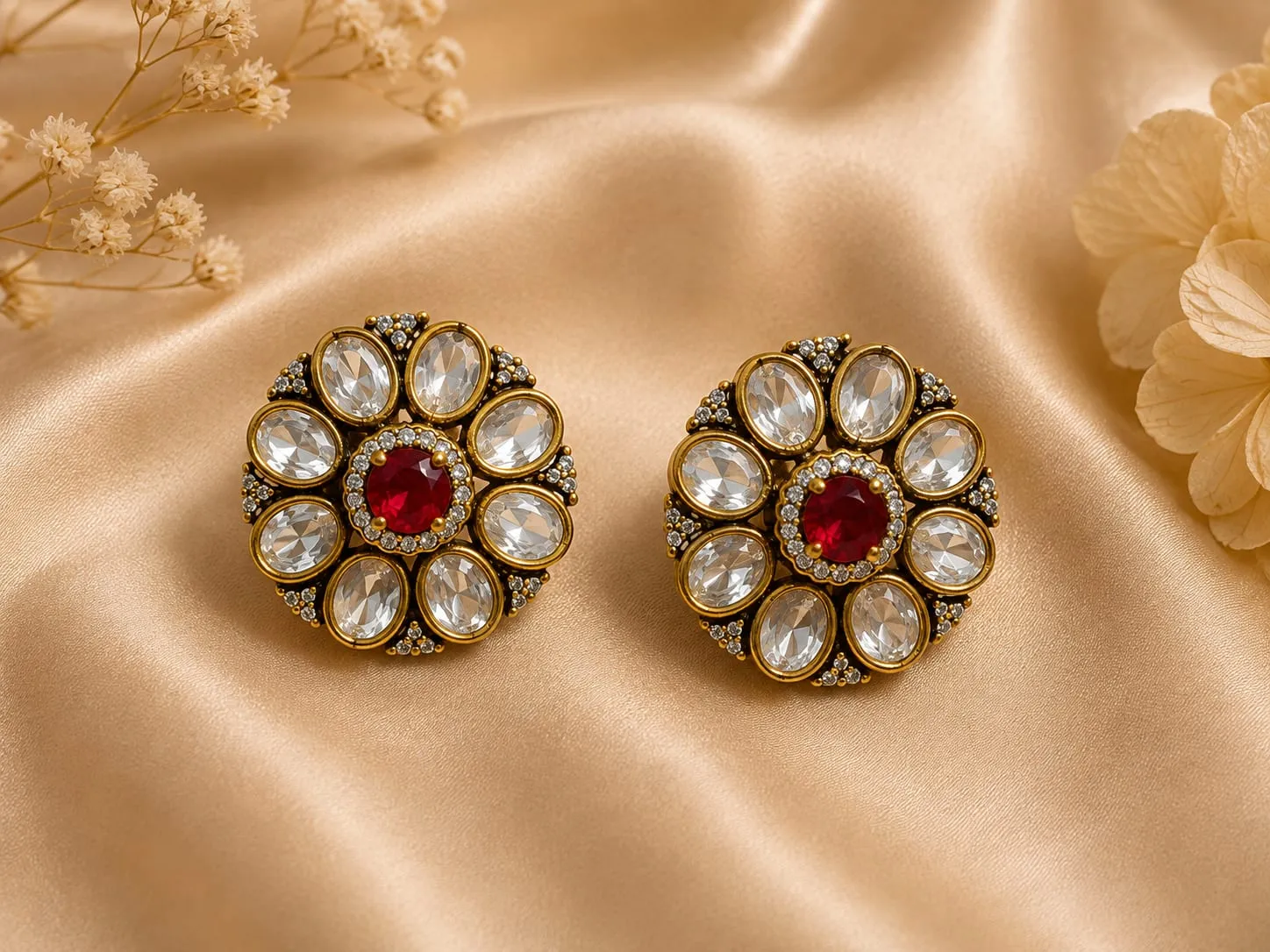 Red Kundan Floral Earrings — Gold polish with elegant detailing, Red synthetic stone and Kundan-style stones and CZ stones