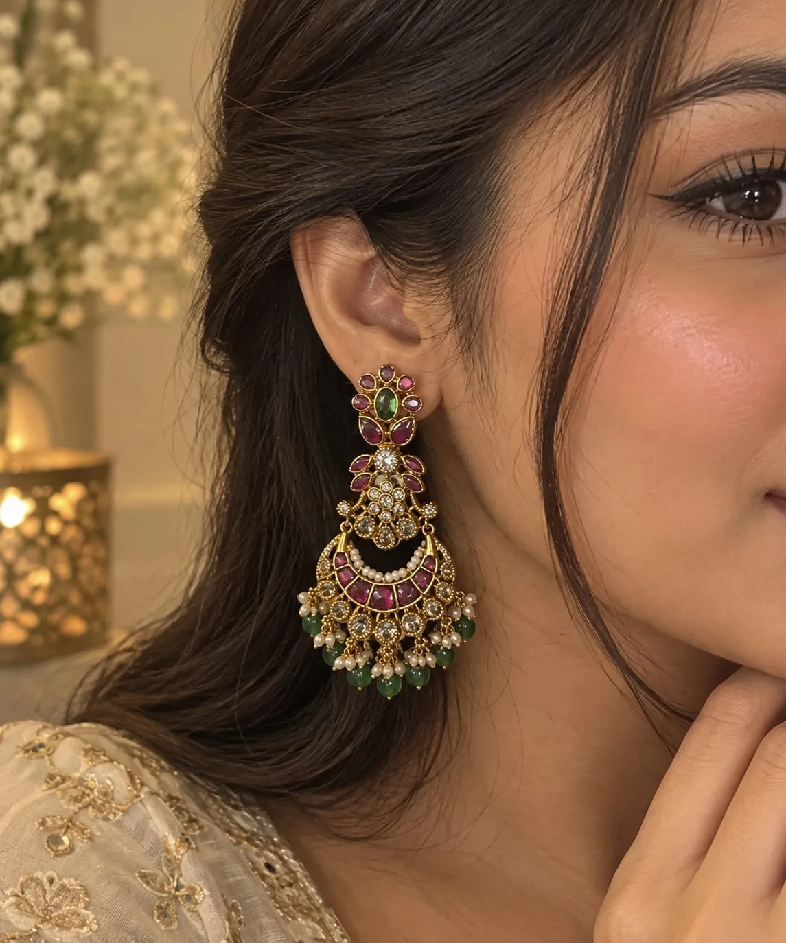 Rivaara Emerald Bloom Chandelier Earrings — Gold finish with intricate detailing, Green emerald-inspired centre stones and ruby-inspired stones and cubic zirconia (CZ) clear stones and white bead accents