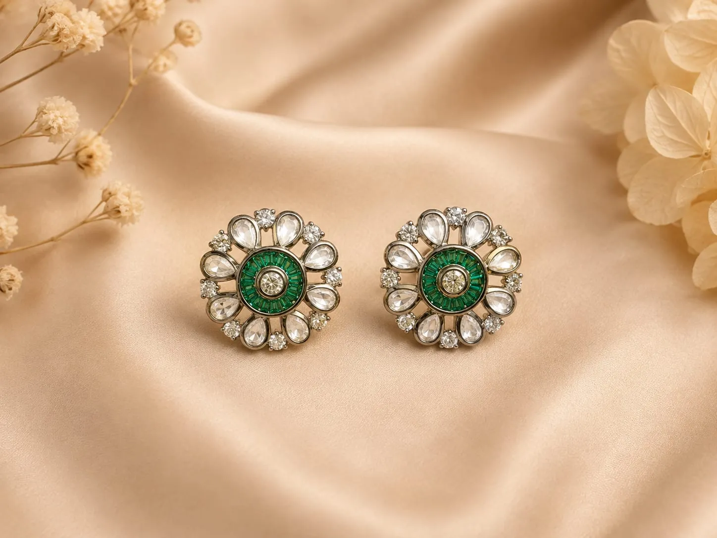 Ruby Green CZ Floral Earrings — Gold polish with elegant detailing, Ruby-inspired stones and CZ stones