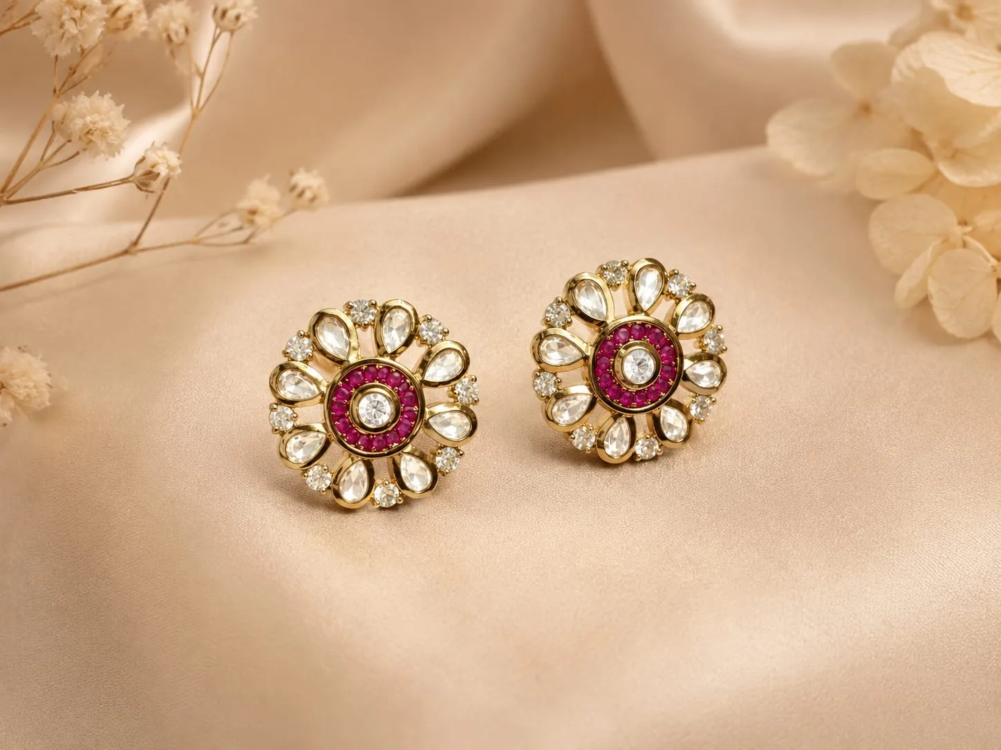 Ruby Magenta CZ Floral Earrings — Gold polish with elegant detailing, Ruby-inspired stones and CZ stones