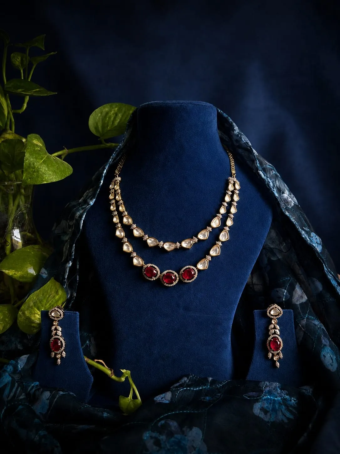 Ruby Necklace Set — Gold finish with intricate detailing, Red ruby-inspired stones and CZ stones
